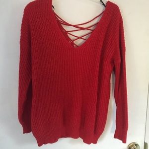 red sweater lace up back